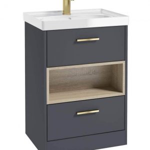 MALMO 60cm Two Drawer Matt Night Sky Blue Floor Standing Vanity Unit Gloss Basin- Brushed Gold Handle