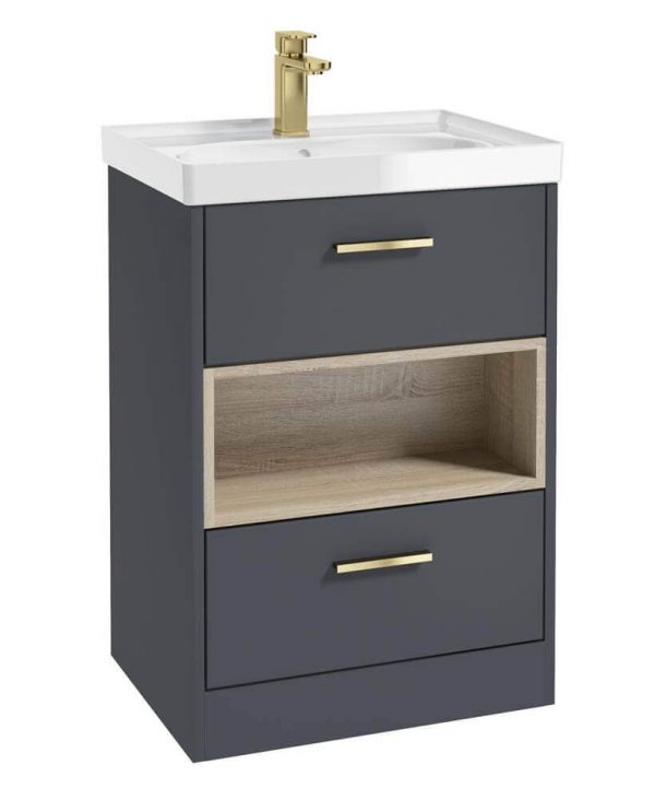  MALMO 60cm Two Drawer Matt Night Sky Blue Floor Standing Vanity Unit Gloss Basin- Brushed Gold Handle