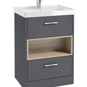 MALMO 60cm Two Drawer Matt Midnight Grey Floor Standing Vanity Unit Gloss Basin- Brushed Chrome Handle