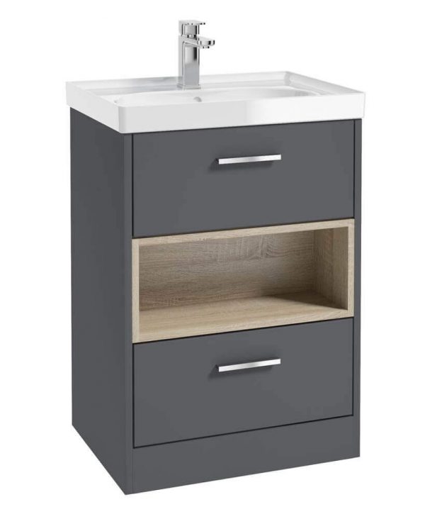  MALMO 60cm Two Drawer Matt Midnight Grey Floor Standing Vanity Unit Gloss Basin- Brushed Chrome Handle