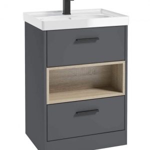 MALMO 60cm Two Drawer Matt Midnight Grey Floor Standing Vanity Unit Gloss Basin - Matt Black Handle