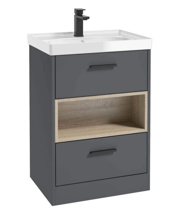  MALMO 60cm Two Drawer Matt Midnight Grey Floor Standing Vanity Unit Gloss Basin - Matt Black Handle