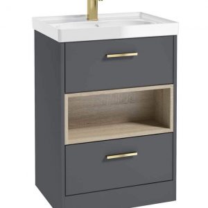 MALMO 60cm Two Drawer Matt Midnight Grey Floor Standing Vanity Unit Gloss Basin- Brushed Gold Handle