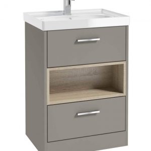 MALMO 60cm Two Drawer Matt Khaki Floor Standing Vanity Unit Gloss Basin- Brushed Chrome Handle