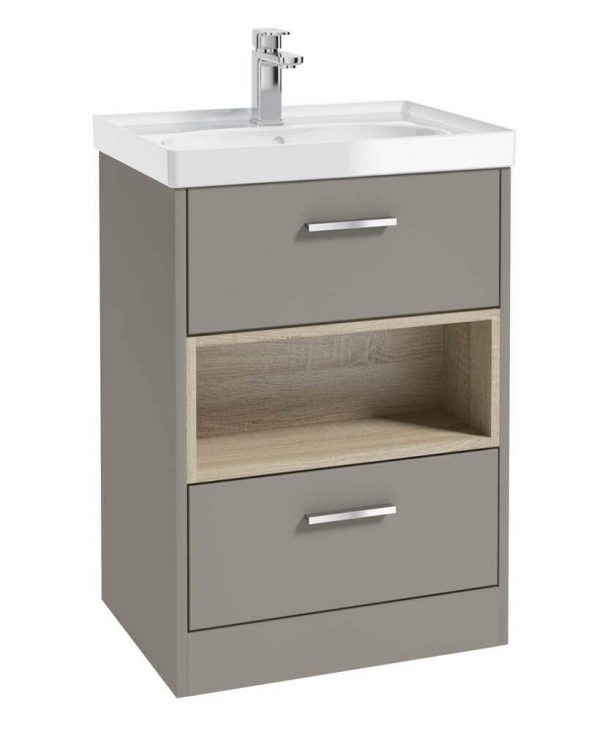  MALMO 60cm Two Drawer Matt Khaki Floor Standing Vanity Unit Gloss Basin- Brushed Chrome Handle