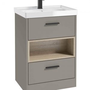 MALMO 60cm Two Drawer Matt Khaki Floor Standing Vanity Unit Gloss Basin- Matt Black Handle