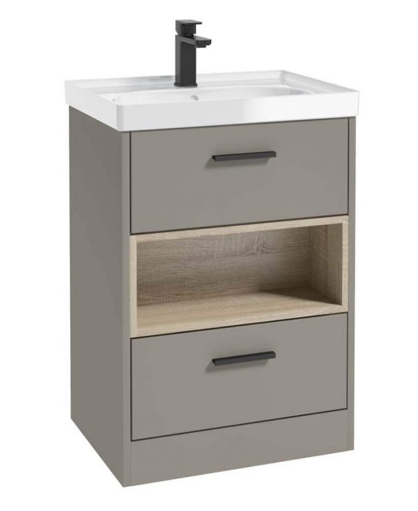  MALMO 60cm Two Drawer Matt Khaki Floor Standing Vanity Unit Gloss Basin- Matt Black Handle