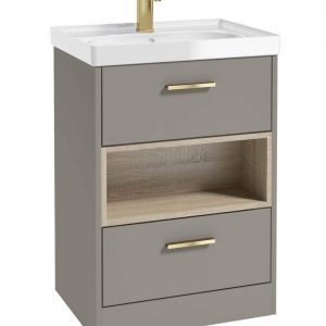 MALMO 60cm Two Drawer Matt Khaki Floor Standing Vanity Unit Gloss Basin- Brushed Gold Handle