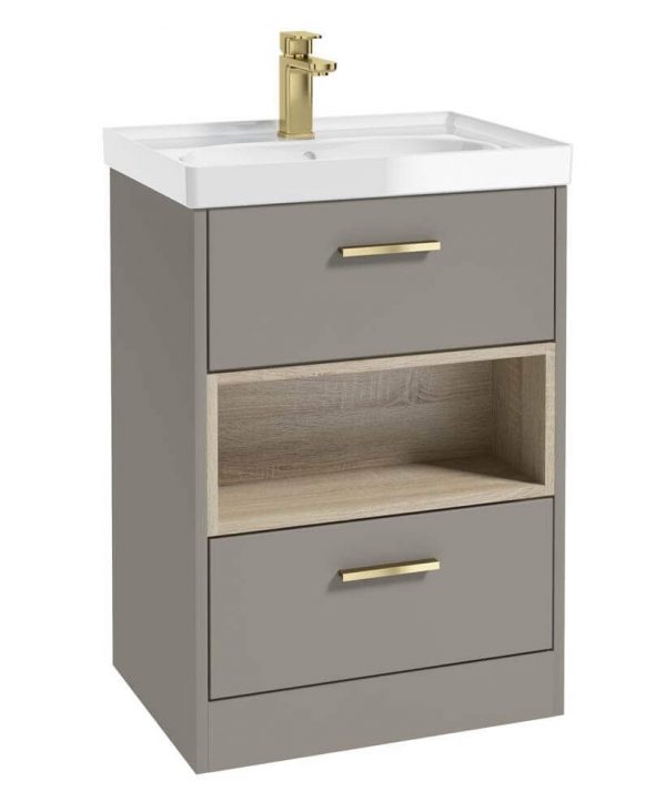  MALMO 60cm Two Drawer Matt Khaki Floor Standing Vanity Unit Gloss Basin- Brushed Gold Handle