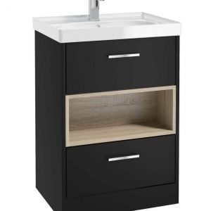 MALMO 60cm Two Drawer Matt Black Floor Standing Vanity Unit Gloss Basin- Brushed Chrome Handle