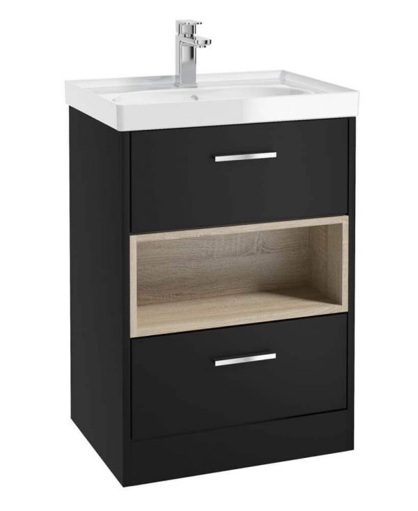  MALMO 60cm Two Drawer Matt Black Floor Standing Vanity Unit Gloss Basin- Brushed Chrome Handle