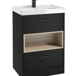 MALMO 60cm Two Drawer Matt Black Floor Standing Vanity Unit Gloss Basin- Matt Black Handle