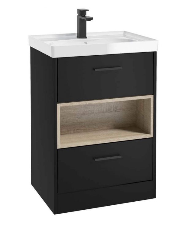  MALMO 60cm Two Drawer Matt Black Floor Standing Vanity Unit Gloss Basin- Matt Black Handle