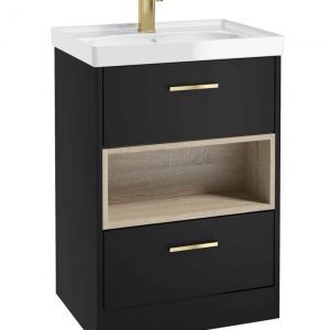 MALMO 60cm Two Drawer Matt Black Floor Standing Vanity Unit Gloss Basin- Brushed Gold Handle