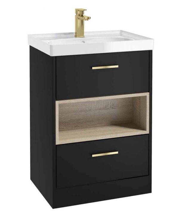  MALMO 60cm Two Drawer Matt Black Floor Standing Vanity Unit Gloss Basin- Brushed Gold Handle