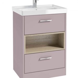 MALMO 60cm Two Drawer Matt Cashmere Pink Floor Standing Vanity Unit Gloss Basin- Brushed Chrome Handle