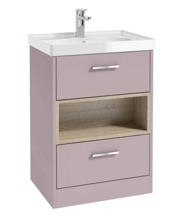  MALMO 60cm Two Drawer Matt Cashmere Pink Floor Standing Vanity Unit Gloss Basin- Brushed Chrome Handle