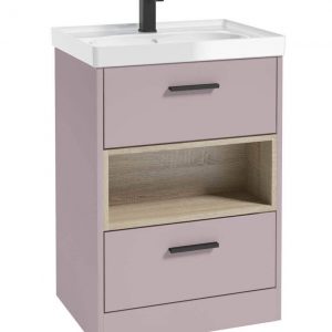 MALMO 60cm Two Drawer Matt Cashmere Pink Floor Standing Vanity Unit Gloss Basin- Matt Black Handle