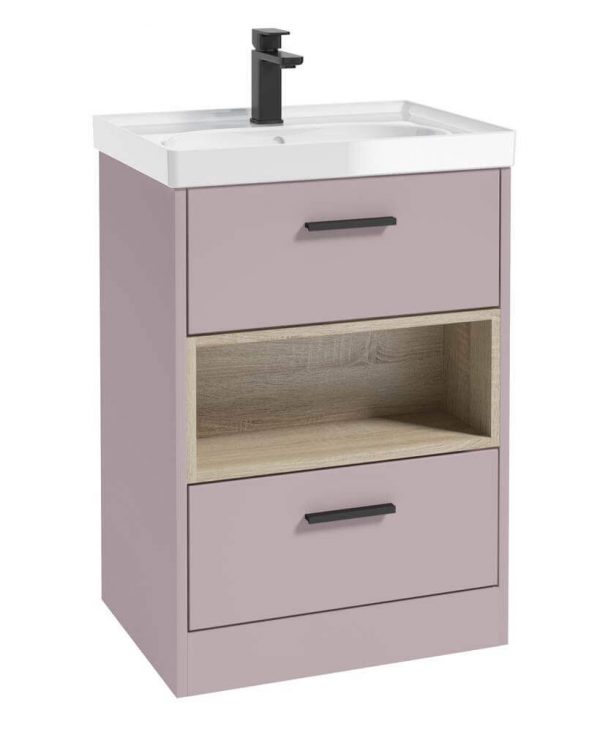  MALMO 60cm Two Drawer Matt Cashmere Pink Floor Standing Vanity Unit Gloss Basin- Matt Black Handle