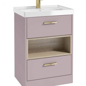 MALMO 60cm Two Drawer Matt Cashmere Pink Floor Standing Vanity Unit Gloss Basin - Brushed Gold Handle