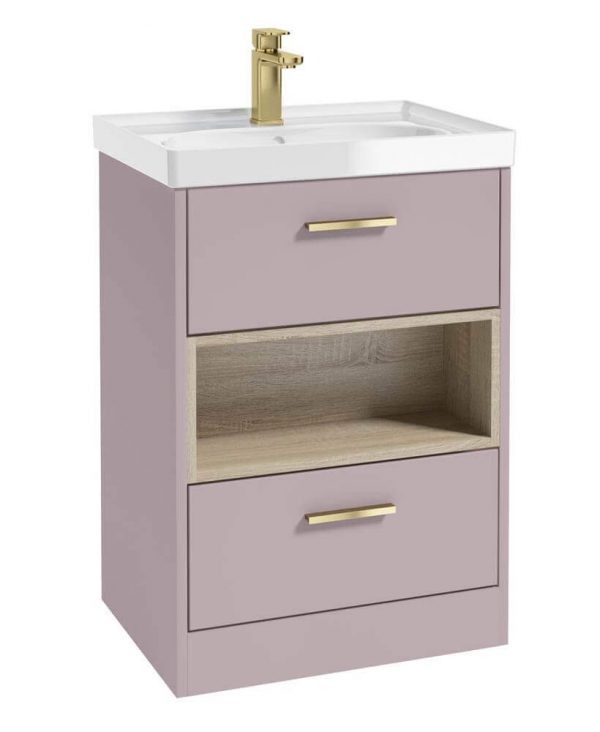  MALMO 60cm Two Drawer Matt Cashmere Pink Floor Standing Vanity Unit Gloss Basin - Brushed Gold Handle