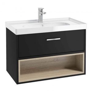 MALMO 80cm Matt Black Single Drawer Vanity Unit Gloss Basin - Brushed Chrome Handles