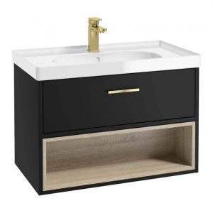 MALMO 80cm Matt Black Single Drawer Vanity Unit Gloss Basin - Brushed Gold Handles