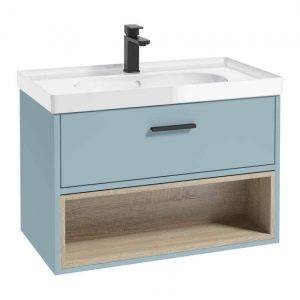 MALMO 80cm Matt Morning Sky Blue Single Drawer Vanity Unit Gloss Basin - Matt Black Handles