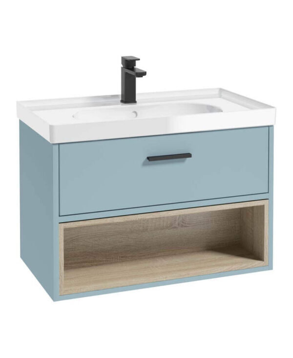  MALMO 80cm Matt Morning Sky Blue Single Drawer Vanity Unit Gloss Basin - Matt Black Handles