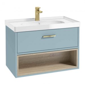 MALMO 80cm Matt Morning Sky Blue Single Drawer Vanity Unit Gloss Basin - Brushed Gold Handles