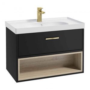 MALMO 80cm Matt Black Single Drawer Vanity Unit Matt Basin - Brushed Gold Handle