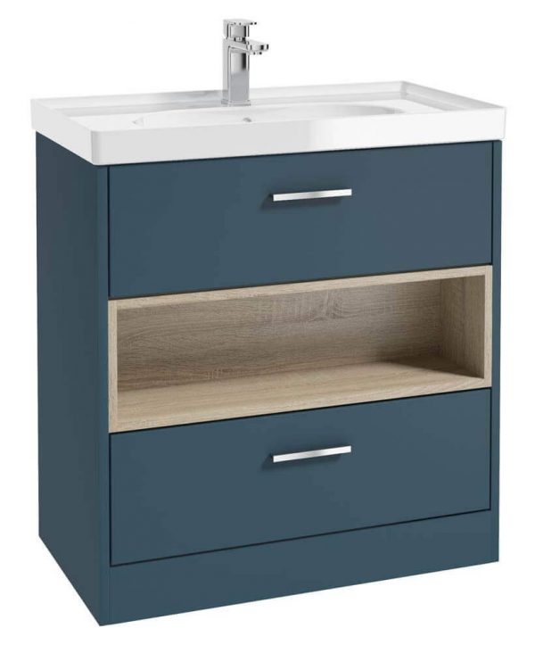  MALMO 80cm Two Drawer Matt Ocean Blue Floor Standing Vanity Unit Gloss Basin - Brushed Chrome Handle