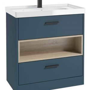 MALMO 80cm Two Drawer Matt Ocean Blue Floor Standing Vanity Unit Gloss Basin - Matt Black Handle