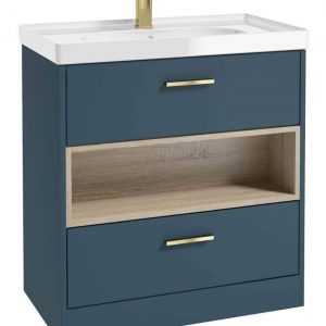 MALMO 80cm Two Drawer Matt Ocean Blue Floor Standing Vanity Unit Gloss Basin - Brushed Gold Handle