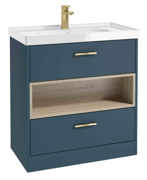  MALMO 80cm Two Drawer Matt Ocean Blue Floor Standing Vanity Unit Gloss Basin - Brushed Gold Handle