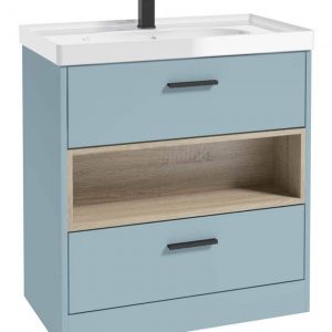 MALMO 80cm Two Drawer Matt Morning Sky Blue Floor Standing Vanity Unit Gloss Basin- Matt Black Handle