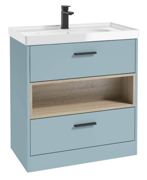  MALMO 80cm Two Drawer Matt Morning Sky Blue Floor Standing Vanity Unit Gloss Basin- Matt Black Handle