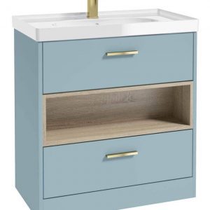 MALMO 80cm Two Drawer Matt Morning Sky Blue Floor Standing Vanity Unit Gloss Basin- Brushed Gold Handle