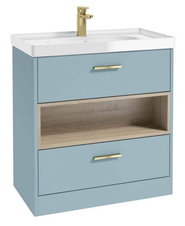  MALMO 80cm Two Drawer Matt Morning Sky Blue Floor Standing Vanity Unit Gloss Basin- Brushed Gold Handle