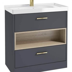 MALMO 80cm Two Drawer Matt Night Sky Blue Floor Standing Vanity Unit Gloss Basin - Brushed Gold Handle