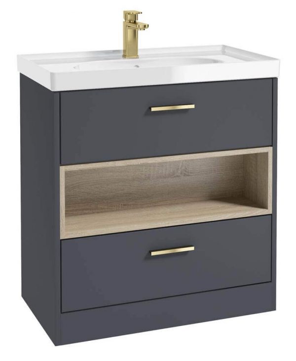  MALMO 80cm Two Drawer Matt Night Sky Blue Floor Standing Vanity Unit Gloss Basin - Brushed Gold Handle