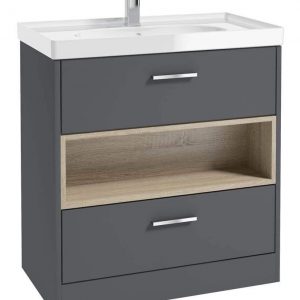 MALMO 80cm Two Drawer Matt Midnight Grey Floor Standing Vanity Unit Gloss Basin - Brushed Chrome Handle