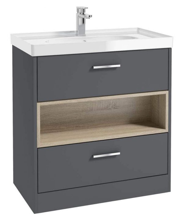  MALMO 80cm Two Drawer Matt Midnight Grey Floor Standing Vanity Unit Gloss Basin - Brushed Chrome Handle