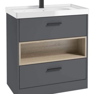 MALMO 80cm Two Drawer Matt Midnight Grey Floor Standing Vanity Unit Gloss Basin - Matt Black Handle