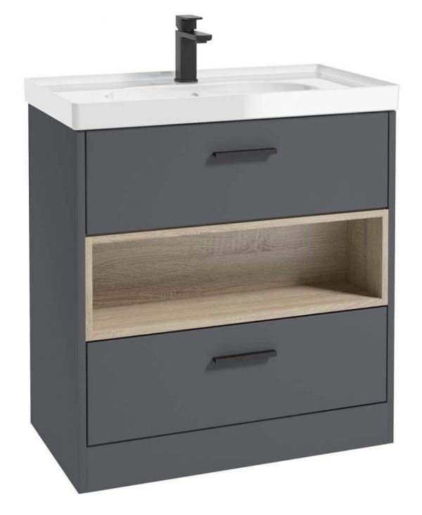  MALMO 80cm Two Drawer Matt Midnight Grey Floor Standing Vanity Unit Gloss Basin - Matt Black Handle