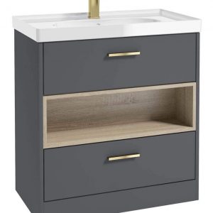 MALMO 80cm Two Drawer Matt Midnight Grey Floor Standing Vanity Unit Gloss Basin - Brushed Gold Handle