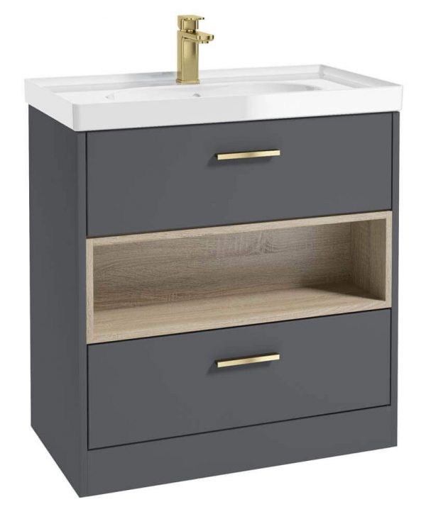  MALMO 80cm Two Drawer Matt Midnight Grey Floor Standing Vanity Unit Gloss Basin - Brushed Gold Handle