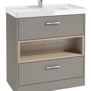 MALMO 80cm Two Drawer Matt Khaki Floor Standing Vanity Unit Gloss Basin - Brushed Chrome Handle