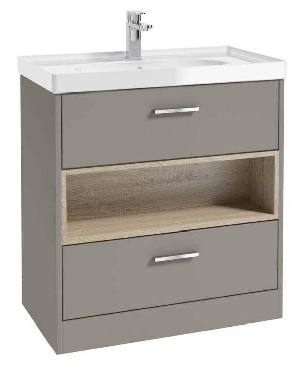  MALMO 80cm Two Drawer Matt Khaki Floor Standing Vanity Unit Gloss Basin - Brushed Chrome Handle