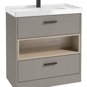 MALMO 80cm Two Drawer Matt Khaki Floor Standing Vanity Unit Gloss Basin - Matt Black Handle